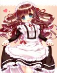  1girl :3 apron bangs blue_eyes blush brown_hair dearoliha fang flat_chest frills hair_ornament hair_ribbon hairclip heart long_hair long_sleeves maid maid_headdress open_mouth original puffy_sleeves ribbon skirt_hold smile solo striped striped_background vertical_stripes 