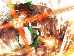  1girl arm_cannon bow brown_hair cape glowing glowing_eye hair_bow highres itsutsuki long_hair open_mouth red_eyes reiuji_utsuho skirt solo tears touhou weapon wings 