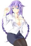  1girl alternate_costume arm_up blue_eyes blush braid breasts choujigen_game_neptune cleavage ears embarrassed hand_on_own_chest jewelry large_breasts long_hair looking_at_viewer minagi necklace neptune_(choujigen_game_neptune) pantyhose purple_hair skirt solo symbol-shaped_pupils twin_braids very_long_hair 