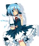  1girl blue_dress blue_eyes blue_hair bow cirno dress dress_lift hair_bow ice ice_wings looking_at_viewer oniku-chan petticoat puffy_sleeves short_sleeves simple_background smile solo touhou white_background wings 