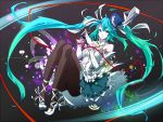  1girl detached_sleeves dress green_eyes green_hair hair_ribbon hat hatsune_miku high_heels long_hair looking_at_viewer microphone ohs80002 pantyhose pigeon-toed ribbon shoes solo twintails very_long_hair vocaloid 