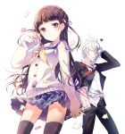  1boy 1girl black_legwear blazer brown_hair cardigan dress_shirt h2so4 hair_ribbon hand_on_own_head long_hair mechanical_pencil necktie notebook original pencil plaid plaid_skirt pleated_skirt puzzle_piece red_eyes ribbon school_uniform serafuku shirt short_hair skirt smile thigh-highs white_hair 