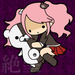  1girl :&lt; dangan_ronpa enoshima_junko hair_ornament kashiwa_kiseri monokuma pink_hair purple_background school_uniform skirt stuffed_animal stuffed_toy teddy_bear twintails 