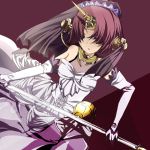  1girl berserker_of_black dress elbow_gloves fate/apocrypha fate_(series) gloves hair_over_eyes horn kashiko_(drop_out!) long_hair pink_hair solo staff veil white_dress 