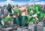  1girl building city clouds eichikei_(hakuto) giantess green_hair long_hair open_mouth sky smoke 