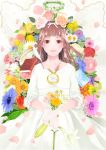  1girl ahira_yuzu bouquet brown_eyes brown_hair clock dress flower halo highres long_hair original petals quill smile solo 