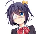  1girl black_hair blue_eyes chuunibyou_demo_koi_ga_shitai! eyepatch school_uniform short_hair side_ponytail smile takanashi_rikka wakatsuki_you 