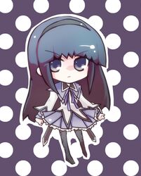  1girl akemi_homura argyle argyle_legwear black_hair blue_eyes chibi frown hairband long_hair mahou_shoujo_madoka_magica outline pantyhose polka_dot polka_dot_background purple_background ribbon shiny shiny_hair skirt solo yokko_(kke925) 