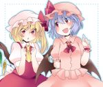  2girls :d :o ascot bat_wings blonde_hair blue_hair commentary_request dress fang flandre_scarlet hammer_(sunset_beach) hat hat_ribbon long_hair multiple_girls open_mouth red_eyes remilia_scarlet ribbon short_hair side_ponytail smile touhou wings wrist_cuffs 