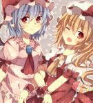  2girls ascot blonde_hair blue_hair brooch flandre_scarlet jewelry looking_at_viewer multiple_girls open_mouth pointy_ears ranka224 red_eyes remilia_scarlet shirt siblings sisters skirt smile touhou wink wrist_cuffs 
