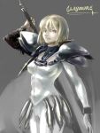 1girl armor blonde_hair breasts cape clare_(claymore) claymore claymore_(sword) faulds grey_eyes huge_weapon mikoyan over_shoulder pauldrons short_hair solo sword sword_over_shoulder vambraces weapon weapon_over_shoulder 