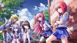  5girls angel_beats! blonde_hair brown_hair building hisako_(angel_beats!) irie_(angel_beats!) iwasawa long_hair multiple_girls pink_hair ponytail purple_hair redhead school_uniform sekine serafuku short_hair sleeves_rolled_up tazu thigh-highs twintails yui_(angel_beats!) 