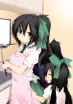  apron artist_request black_hair blush bow cape child hair_bow kitchen ladle long_hair mother_and_daughter ponytail red_eyes reiuji_utsuho smile touhou wings young 