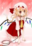  1girl all_fours animal_ears ascending blonde_hair cat_ears cat_tail collar flandre_scarlet hat hat_ribbon kemonomimi_mode koyashaka leash looking_at_viewer open_mouth paw_print red_eyes ribbon shirt skirt skirt_set solo tail touhou vest wings 