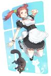  1girl apron blush brown_eyes brown_hair cat efmoe jumping looking_at_viewer maid maid_headdress open_mouth original short_hair skirt smile solo thigh-highs twintails v 