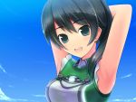  1girl :d armpits arms_behind_head blush clouds green_eyes green_hair long_hair open_mouth ponytail saegusa_wakaba sky smile solo unikurage vividred_operation 