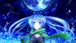  1girl blue_eyes blue_hair floating_hair full_moon hands_on_own_chest haruhi_ayame hatsune_miku long_hair moon night night_sky scarf sky solo twintails vocaloid 