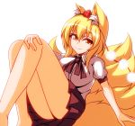  1girl animal_ears blonde_hair blush breasts cosplay fox_ears fox_tail hat large_breasts merry_(diameri) multiple_tails ribbon shameimaru_aya shameimaru_aya_(cosplay) short_hair sitting skirt smile tail tokin_hat touhou yakumo_ran yellow_eyes 