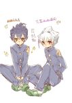  2boys blue_hair fusion gakuran hair_ornament hakuryuu_(inazuma_eleven) inazuma_eleven_(series) inazuma_eleven_go inazuma_eleven_go_chrono_stone male matsukaze_tenma multicolored_hair multiple_boys red_eyes school_uniform shuu_(inazuma_eleven) sitting tobi_(one) tsurugi_kyousuke two-tone_hair white_background white_hair yellow_eyes 