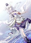  1girl blue_eyes boots dress hand_on_own_chest hat highres japanese_clothes long_hair mononobe_no_futo noise-111 ponytail silver_hair smile solo tate_eboshi touhou 