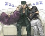  3boys beard coat couch covering_face drawr facial_hair gakuran glasses hat higashikata_jousuke jojo_no_kimyou_na_bouken joseph_joestar kuujou_joutarou machch multiple_boys pompadour school_uniform sleeping 