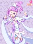  1girl choker cure_sword dokidoki!_precure earrings hair_ornament hairpin jewelry kenzaki_makoto magical_girl ponytail precure purple_hair purple_legwear restrained short_hair solo spade takeda_yukimura tentacles violet_eyes wince 