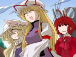  blonde_hair bow dress fan folding_fan futoumeido hat hat_bow long_hair long_sleeves multiple_girls okazaki_yumemi open_mouth red_eyes redhead smile sweat touhou touhou_(pc-98) watatsuki_no_toyohime yakumo_yukari yellow_eyes 