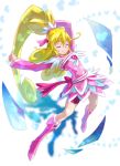  1girl aida_mana arms_up blonde_hair blush boots choker closed_eyes cure_heart curly_hair dokidoki!_precure hair_ornament half_updo heart kaineri long_hair magical_girl ponytail precure skirt smile solo 