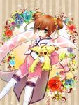  1girl anise_tatlin anise_tatlin_(cosplay) brown_hair coat cosplay doll floral_background flower gloves green_eyes rita_mordio rose short_hair short_twintails solo tales_of_(series) tales_of_the_abyss tales_of_vesperia thigh-highs tokunaga twintails urihara84 white_legwear 