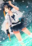  bandages belt black_hair dutch_angle fingerless_gloves gloves goggles goggles_on_head harpoon ocean original ponytail shirt skirt snow sonjow4 swimsuit swimsuit_under_clothes water yellow_eyes 