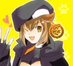  1girl animal_ears antenna_hair bare_shoulders beret blazblue breasts co_taro female fingerless_gloves gloves hat jacket makoto_nanaya open_mouth solo squirrel_ears tail under_boob yellow_background 