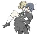  1boy 1girl :&lt; aegis aiwatan android arisato_minato blonde_hair blue_eyes blue_hair carrying cosplay costume_switch crossdressinging headphones loafers persona persona_3 princess_carry school_uniform shoes short_hair skirt 