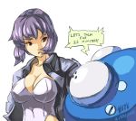  1girl breasts cleavage dated english ghost_in_the_shell ghost_in_the_shell_stand_alone_complex jacket junkpuyo kusanagi_motoko large_breasts leotard mecha open_clothes open_jacket purple_hair red_eyes robot short_hair tachikoma 