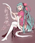  1girl 2013 anho artist_name boots china_dress chinese_clothes crossed_legs hatsune_miku long_hair new_year open_mouth sitting snake solo thigh-highs thigh_boots twintails very_long_hair vocaloid white_legwear 
