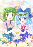  2girls ascot blue_background blue_eyes blue_hair blue_rose bow cirno daiso daiyousei dress flower green_eyes green_hair hair_bow head_wreath holding_hands interlocked_fingers lace light_particles looking_at_viewer multiple_girls open_mouth payot petals puffy_short_sleeves puffy_sleeves rainbow ribbon rose short_hair short_sleeves side_ponytail sparkle touhou wings 