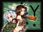  2girls angel_(team_yukkuri) bandana bow brown_eyes brown_hair crop_top discharge_cycle fallout fallout_3 gun hair_bow hair_ribbon military military_uniform multiple_girls multiple_persona red_eyes ribbon rifle short_twintails silver_hair team_yukkuri touhou twintails uniform weapon yukkuri_reimu_(team_yukkuri) yukkuri_shiteitte_ne 