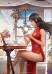  1girl bare_shoulders black_hair brown_eyes china_dress chinese_clothes crossed_legs cup flower katana long_hair magion02 original sitting smile solo sword table teacup teapot thighs weapon 