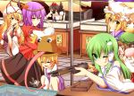  :q absurdres animal_ears arm_support blonde_hair brown_eyes camera cat_ears chen closed_eyes cotton_candy earrings festival fish frog_hair_ornament gap goldfish green_eyes green_hair gun hair_ornament hat headband highres hitting jewelry kochiya_sanae long_hair moriya_suwako purple_hair shameimaru_aya short_hair smile snake tongue touhou wakagi_repa water weapon wink yakumo_ran yakumo_yukari yasaka_kanako 