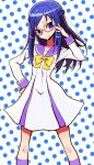  1girl blue_eyes blue_hair blush dokidoki!_precure glasses hand_on_hip hishikawa_rikka long_hair precure school_uniform shirono smile solo 