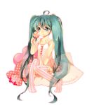  1girl ahoge artist_name candy chemise garter_straps green_eyes green_hair hatsune_miku lollipop long_hair mikage_kazuki sitting solo swirl_lollipop thigh-highs twintails vertical-striped_legwear vertical_stripes very_long_hair vocaloid 