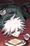  1boy arms_behind_back bdsm blood bondage chain cup dangan_ronpa grey_eyes hoodie jacket komaeda_nagito long_hair lying open_mouth smile super_dangan_ronpa_2 teacup toast tyuraba white_hair 