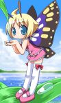  1girl ahoge antennae blonde_hair blue_eyes blush bow butterfly_wings chibi cupping_hands dew_drop dress fairy frills leaf leaning_forward light_particles looking_at_viewer mary_janes ocean osaragi_mitama shimon shimotsuma shoes short_hair sky solo thigh-highs water_drop white_legwear wings 