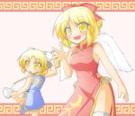  2girls alternate_costume blonde_hair bow breasts china_dress chinese_clothes cop_(shokkidana) cup double_bun gengetsu hair_bow hair_bun mugetsu multiple_girls panties short_hair siblings sisters smile thigh-highs touhou touhou_(pc-98) underwear white_panties wings yellow_eyes 