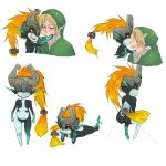  1boy 1girl ass blonde_hair blue_eyes blush closed_eyes collage fang hat helmet helmet_over_eyes highres imp kiss link long_hair maniacpaint midna neon_trim nude on_stomach one_eye_covered orange_hair pointy_ears red_eyes sitting size_difference smile the_legend_of_zelda twilight_princess yellow_sclera 