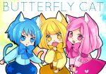  animal_ears blonde_hair blue_eyes blue_hair bonne_c butterfly_cat cat_ears cat_tail chibi heart heart-shaped_pupils pink_eyes pink_hair ribbon sound_voltex symbol-shaped_pupils tail yellow_eyes 