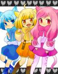  3girls animal_ears ao_(butterfly_cat) blonde_hair blue_eyes blue_hair butterfly_cat cat_ears cat_tail hami_(etn1129) heart hina_(butterfly_cat) momo_(butterfly_cat) multiple_girls pink_hair red_eyes sound_voltex tail yellow_eyes 