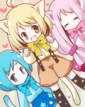  3girls ahoge animal_ears ao_(butterfly_cat) blonde_hair blue_eyes blue_hair bow butterfly_cat cat_ears cat_tail closed_eyes dutch_angle hina_(butterfly_cat) momo_(butterfly_cat) multiple_girls open_mouth pink_hair saitou_aki smile sound_voltex star tail yellow_eyes 