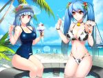  +_+ 2girls bell bikini blue_hair blush boat bracelet breasts cherry choker cleavage clothed_navel cow_bell cow_print food fruit hair_bobbles hair_ornament ice_cream jewelry large_breasts long_hair luthica_preventer multiple_girls navel one-piece_swimsuit palm_tree parfait pool red_eyes sailboat school_swimsuit sitting smile snowball22 spoon swimsuit sword_girls tree twintails 