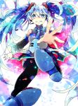  1girl blue_eyes blue_hair boots detached_sleeves hatsune_miku headset hoshino_kisora long_hair necktie outstretched_arm skirt solo tears thigh-highs thigh_boots twintails very_long_hair vocaloid 