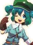  1girl belt blue_eyes blue_hair blush breasts cap gloves hair_bobbles hair_ornament kawashiro_nitori key open_mouth short_hair skirt smile solo touhou twintails wink 